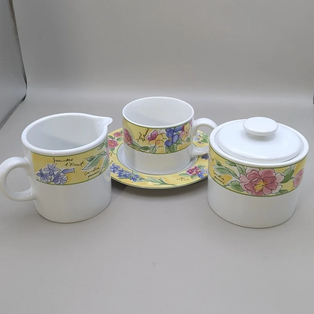 VTG Sakura Creme Brulee Sue Zipkin Stoneware 11 Piece Tea Set Sugar Creamer 1995